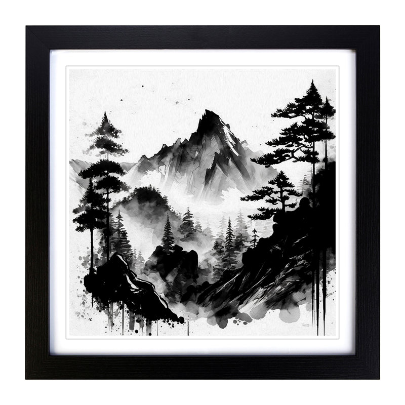 Japanese Mountains Ink Wash - Single Picture Frame Print on Wood, Black