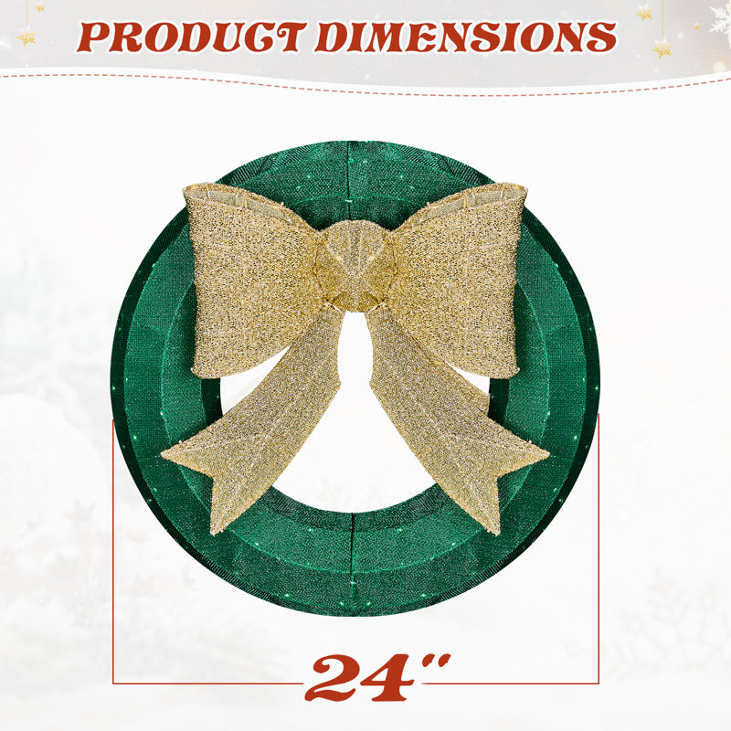 Décoration de guirlande de Noël, couronne en métal pré-éclairée avec nœud - construction robuste résistante aux intempéries, parfaite pour la porte d'entrée / patio / salon