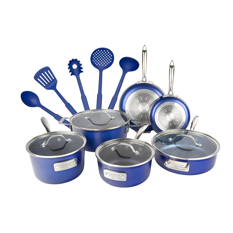 Batterie de cuisine antiadhésive 15 pièces avec couvercles en verre, four et lave-vaisselle Granitestone Blue