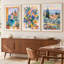 3 Piece Framed Canvas Wall Art, Mediterranean Floral Seaside Village Impressionist Wall Decor, Vibrant Farmhouse Hanging Artwork