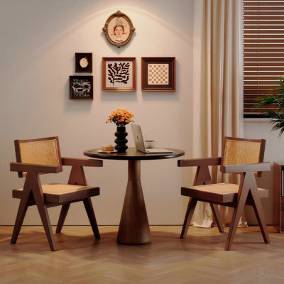 Set of 2 Mid-Century Rattan Accent Dining Chairs with Armrests (Brown)