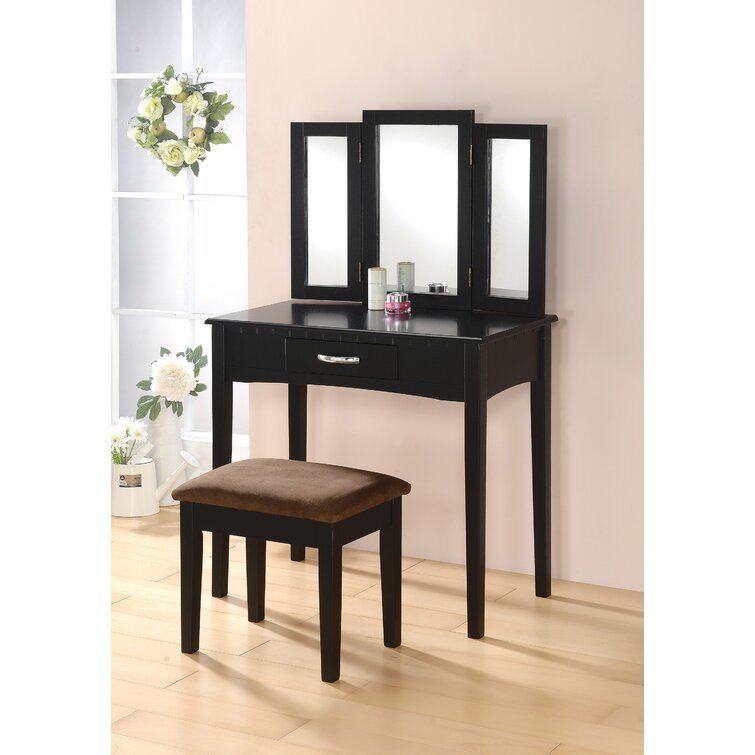 Red Barrel Studio® Simen Wood Three Drawer Mirror Stand Vanity with Stool &  Reviews