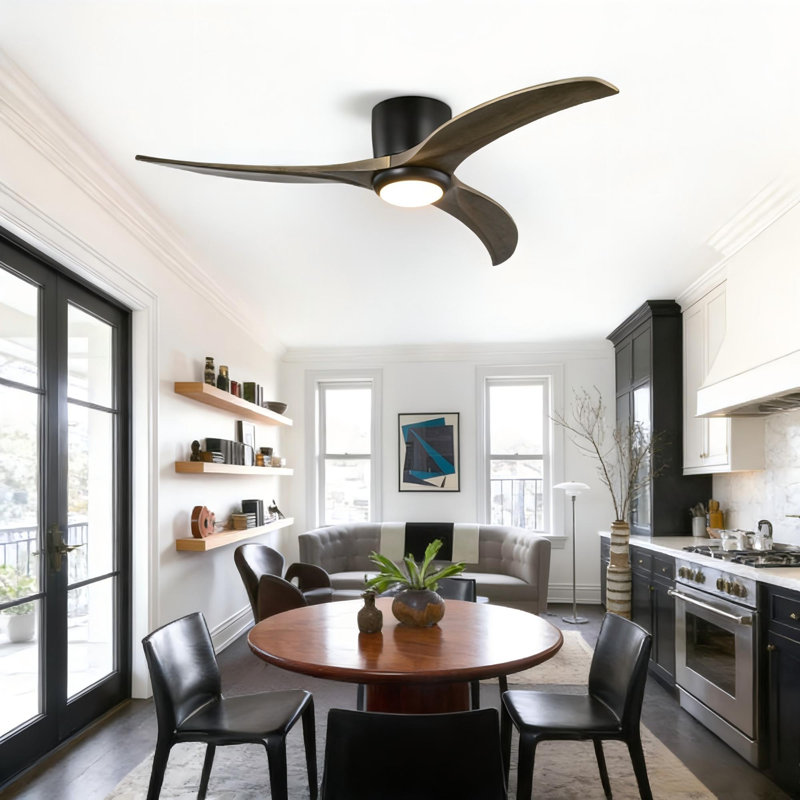 Ventilateur de plafond encastré de 52 po à pales en bois massif avec lumière avec télécommande, moteur réversible silencieux, 6 vitesses, pour salon de patio, chambre à coucher, intérieur