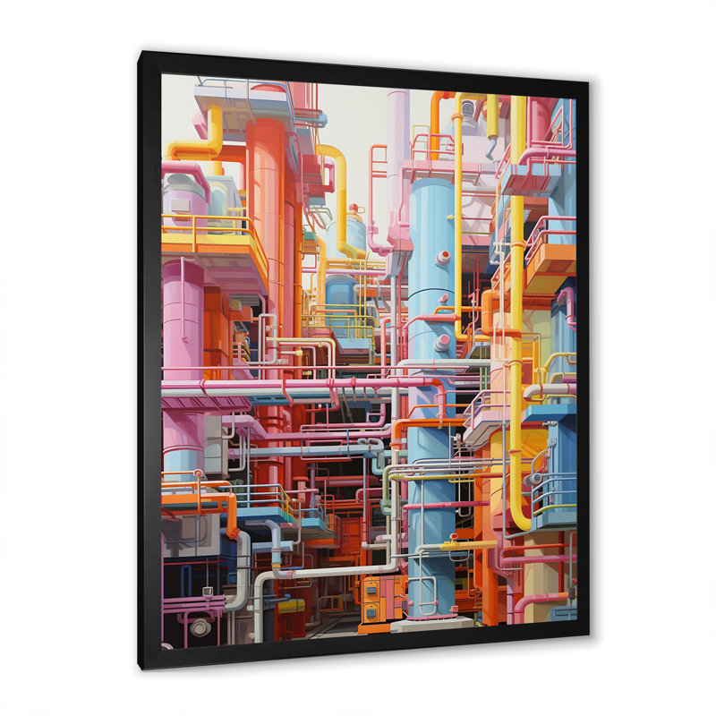 Abstrait usine colorée, minimalisme - Bâtiments et paysages urbains, impressions sur toile, Cadre simple noir