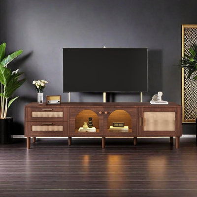 Rattan TV Stand With 3 Cabinets & 2 Drawers, Rattan-Inspired Media Console Table For Tvs Up To 80