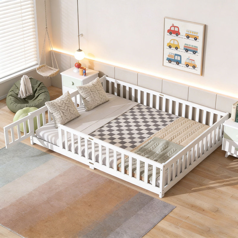 Queen Size Floor Bed with Fence,Door,Rubber Wood Floor Bed with Safety Guardrails, White, Queen