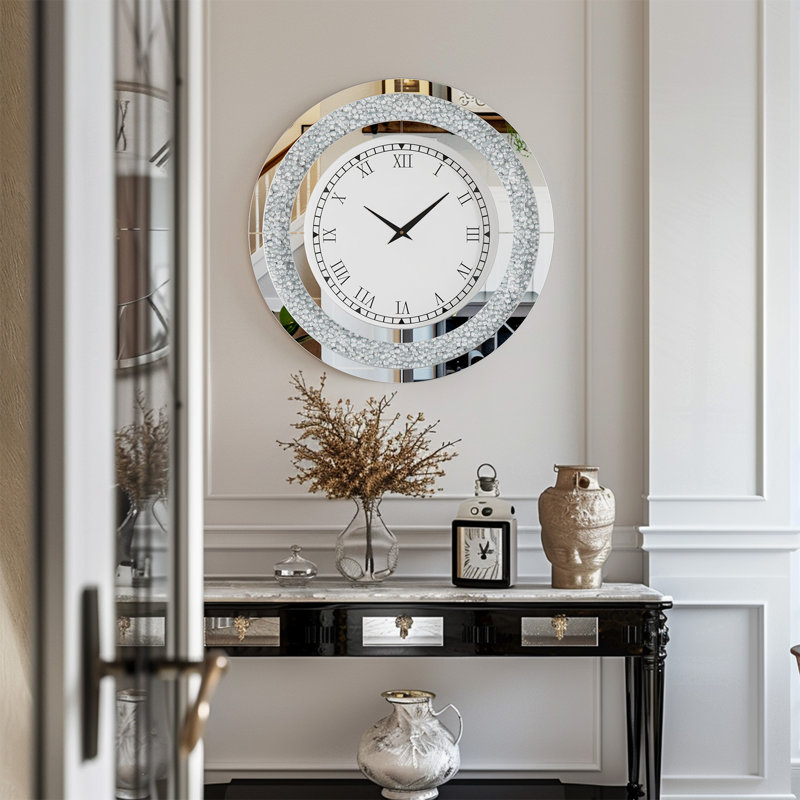 Horloge murale ronde à miroir, Argent argent, Large
