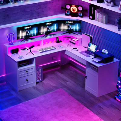 Wade Logan 59'' L-Shaped Adjustable Lift Top Desk with LED Lights & Power Outlets