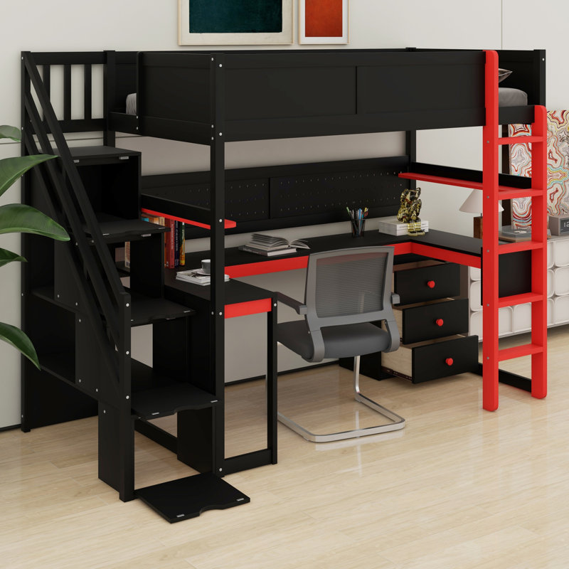 All-In-One Wooden Gaming Loft Bed With Built-In Desk, Storage Stairs & Shelves, Black/Red