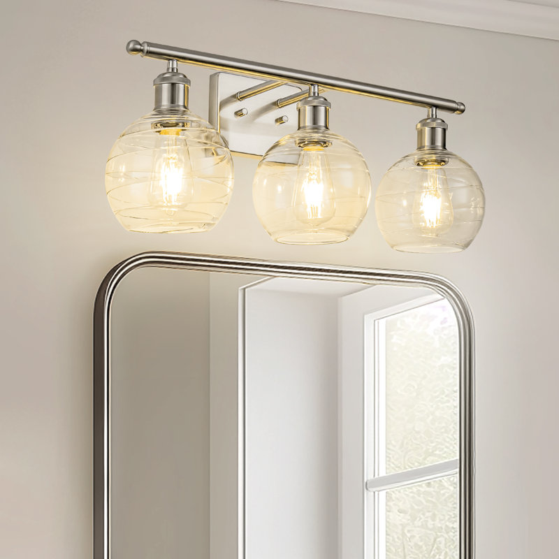 23 po Éclairage pour salle de bain 3 lumières en nickel brossé avec abat-jour en verre transparent pour salle de bain ou salle d'eau
