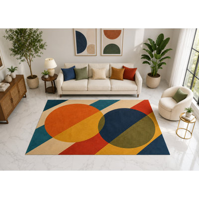 Tapis d'intérieur « ultra mince » 152 x 213 cm à motifs géométriques rétro, doux et à poils courts, avec envers antidérapant en silicone, idéal pour le salon, la chambre, le bureau, les enfants et les animaux de compagnie.