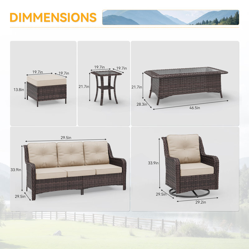 7-Piece All-Weather Wicker Patio Conversation Set With Swivel Chairs & Glass Coffee Table, Tan