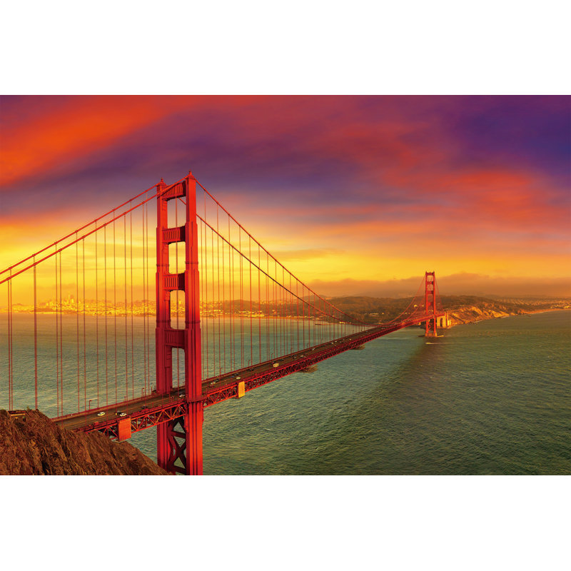 Golden Gate Sunrise Radiance - Art mural sur toile tendue, H 24 po x l 36 po