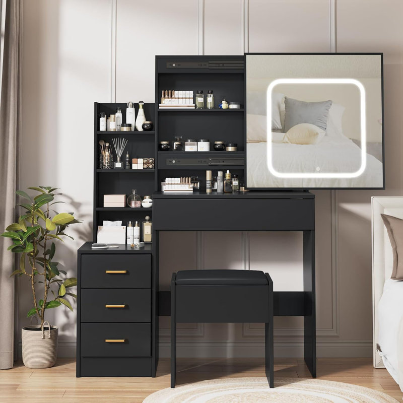 Vanity Desk with Mirror and LED Lights, Makeup Vanity Desk with Sliding Lighted Mirror, Dressing Table Set with Stool & 4 Drawers, Storage Shelves