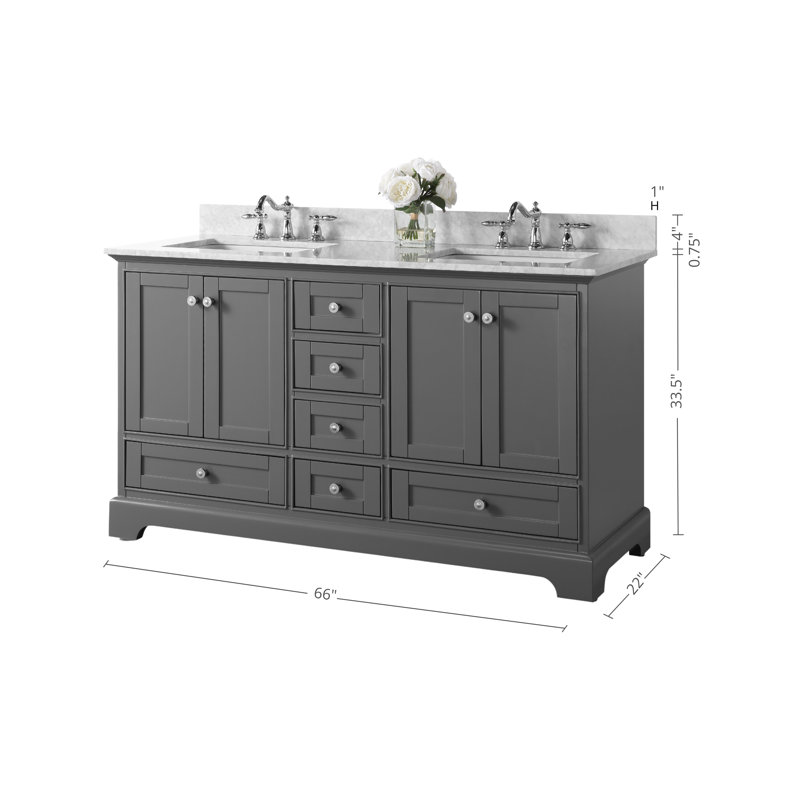 Audrey 66'' W Double Vanity, Sapphire Gray | Brushed Nickel, Carrara White