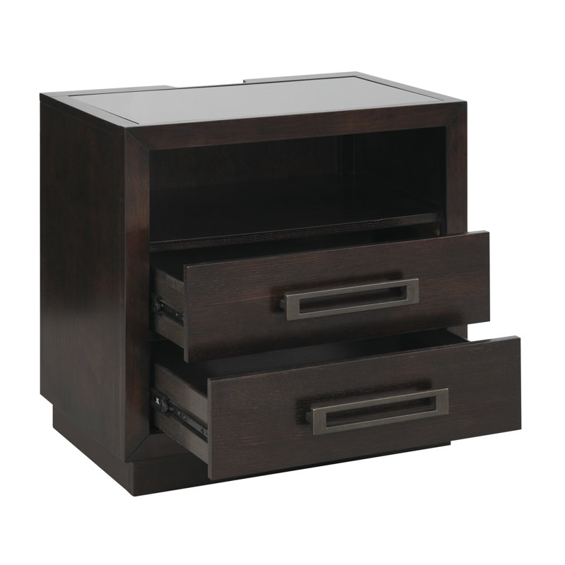 Table de chevet de chambre à coucher avec 2 cadres, DEL, port de charge, finition gris anthracite et configuration élégante en verre inséré, prises de courant,