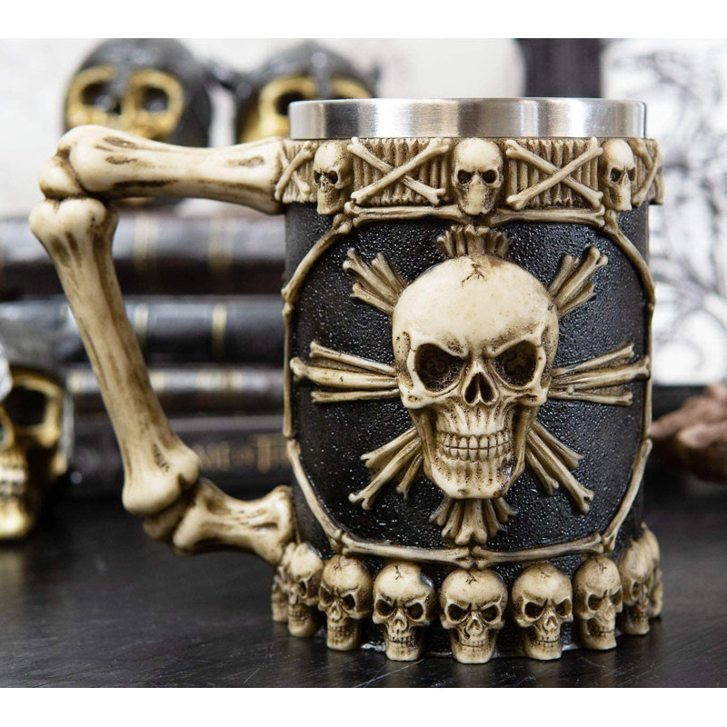 Grand Trinx «Pirate Bootleg Rum», squelette, os croisé, crâne, bière, chope de chope, tasse à café, tasse à 20 oz avec poignée en os