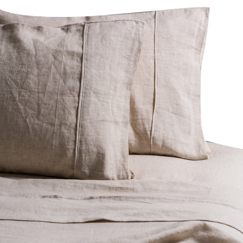  Ensemble de draps en lin pur lavé à la pierre, drap-housse 16 po, Ensemble pour très grand lit + 1 drap-housse + 2 , Naturel
