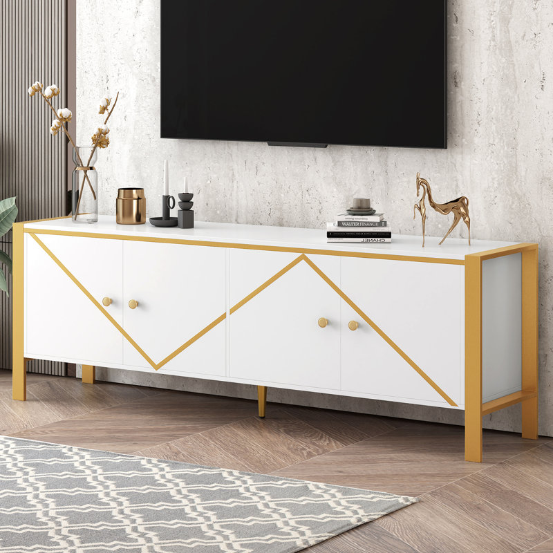 Meuble télé moderne et minimaliste pour téléviseur de 75 po ou moins avec 2 armoires spacieuses, Blanc