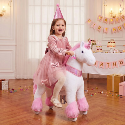 PonyCycle Ride on Unicorn Toy for Kids in 3 Sizes, Mechanical Plush Riding Unicorn with Glitter Horn and Hand Brake, No Batteries, Ages 3-4 to 7+