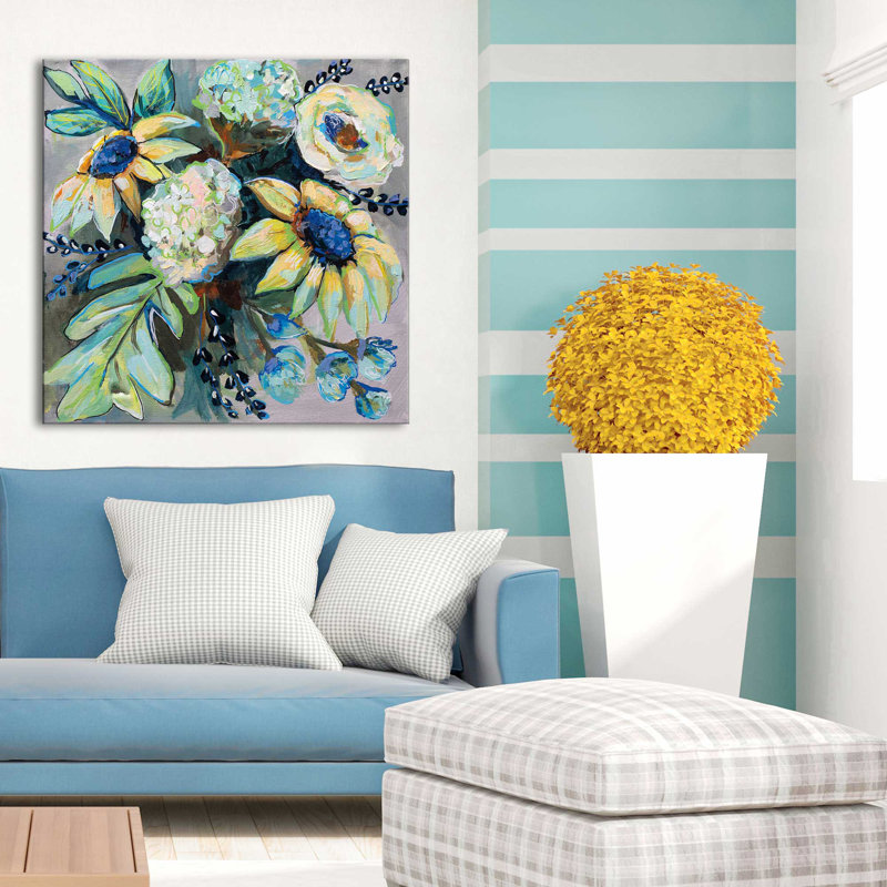 Sauge et tournesols II - Peinture, Toile tendue, H 28 po x l 28 po x P 1,5 po