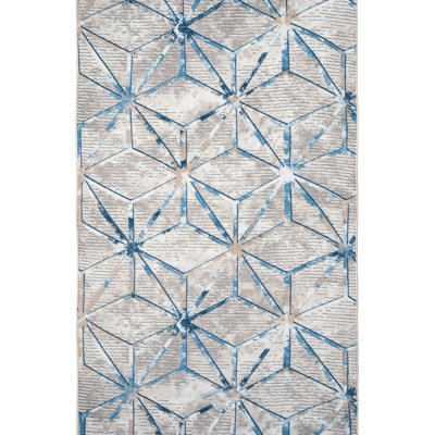 Luxurious Hall Carpet, 6.6 x 6.6 Feet, Grey & Blue | 100% Polyester, 1500 g/m² | 0.4 in Pile Height, Non-Slip Dot Underside | Machine Washable at 86°F, Stylish Digital Print Design for Home Décor