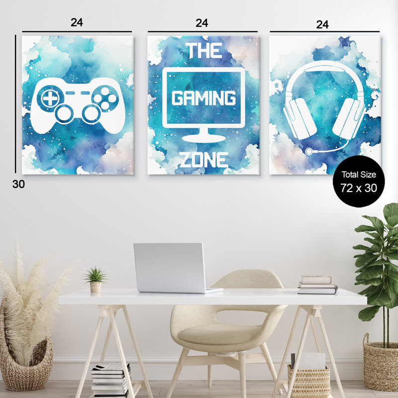 Blue Gamer Splatters 3pc Canvas Set, design by Marcus Prime