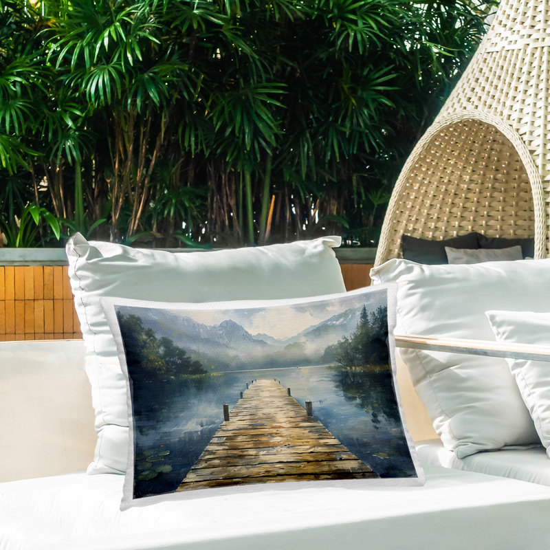 Coussin d'extérieur imprimé en bois sur le lac par LSR Creative Studio, Quai bleu foncé, Rectangle H 14 po x l 20 po