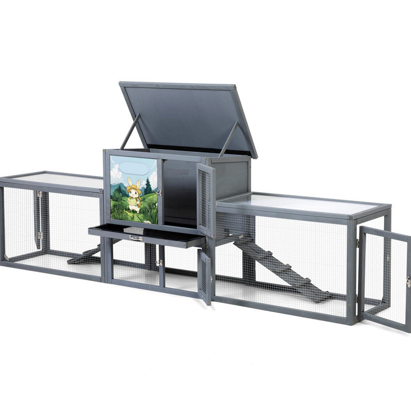 Grande cage à lapin pour l'extérieur avec double activité, chambre de repos confortable, soleil PC pour la pluie et la résistance, bac à déchets coulissant, portes d'entrée grillagées sécurisées, éléments de conception colorés gris supplémentaires