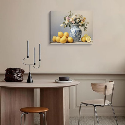 Reproduction sur toile «Lemon & Floral Vase», impression sur toile rustique de campagne morte, décoration murale encadrée dans un vase bleu et blanc, prête à être suspendue, 16 po x 12 po