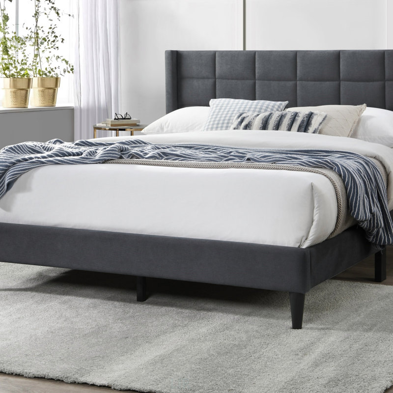 Linen Bed with Tufted Headboard, Charcoal, Queen