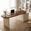 Bureau rectangulaire à 3 tiroirs en bois manufacturé brun noisette + blanc beige-919941492