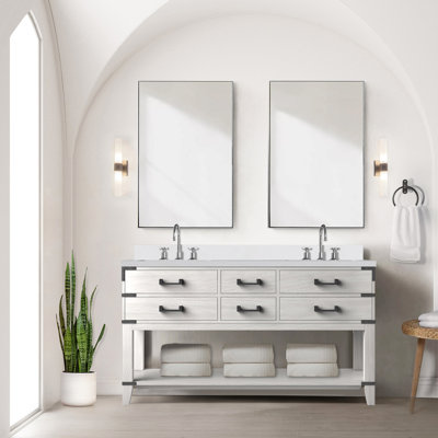 Meuble-lavabo double 60 po X 22 - Chêne blanc, marbre de culture, robinet, miroir 60 "22" chêne avec éclat, 28 "miroirs