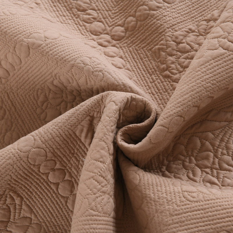 Ensemble 100% coton Tkemb broderie, Taupe pâle, chameau, Courtepointe grand + 2 couvre-oreillers standard