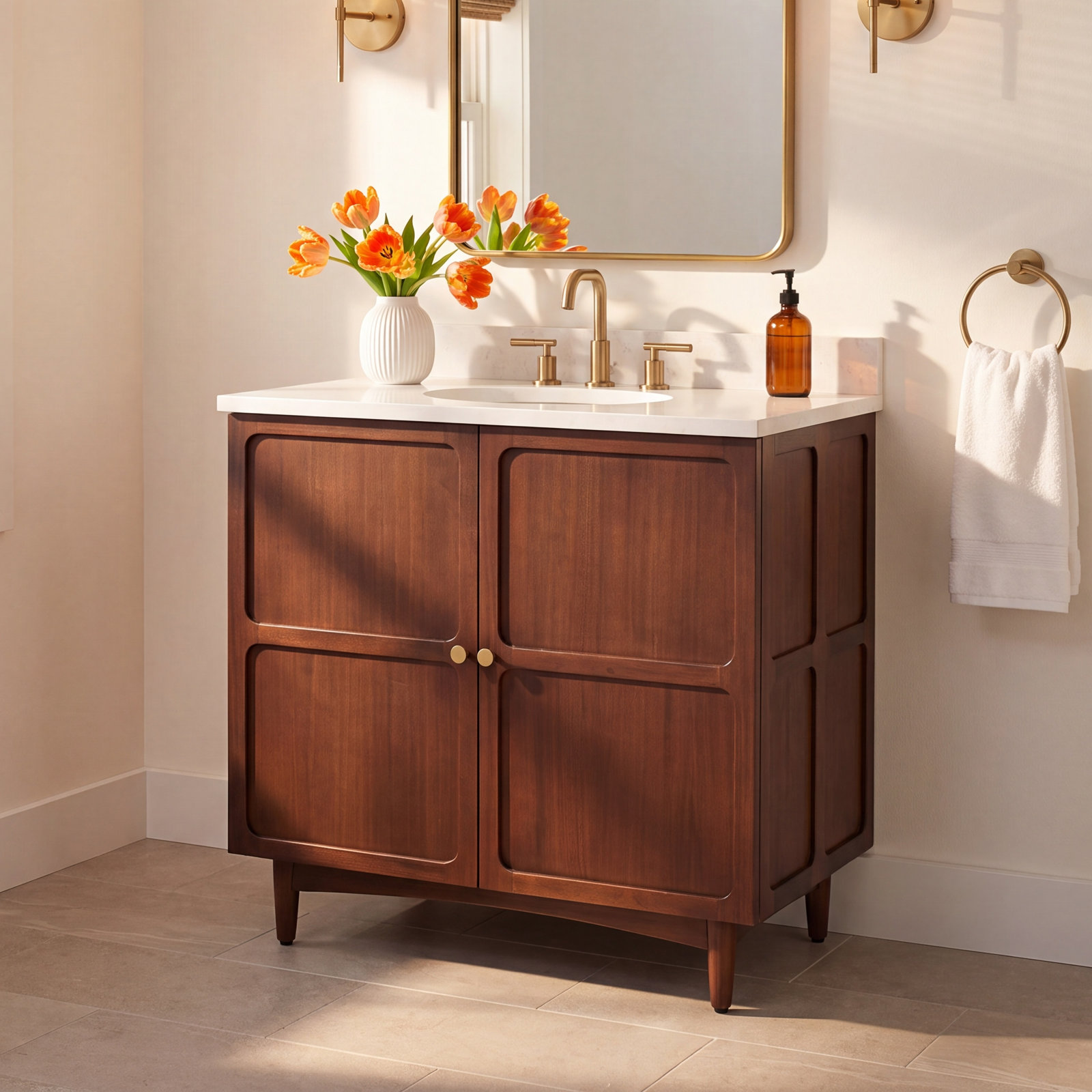 Delavan 30" Mahogany Single Bathroom Vanity, Feathered White Quartz, 8" Widespread, Oval 