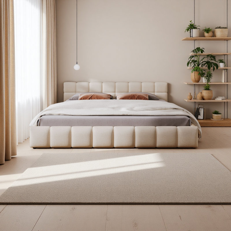 Élégant lit tapissier en chenille avec motif en damier, Très grand lit