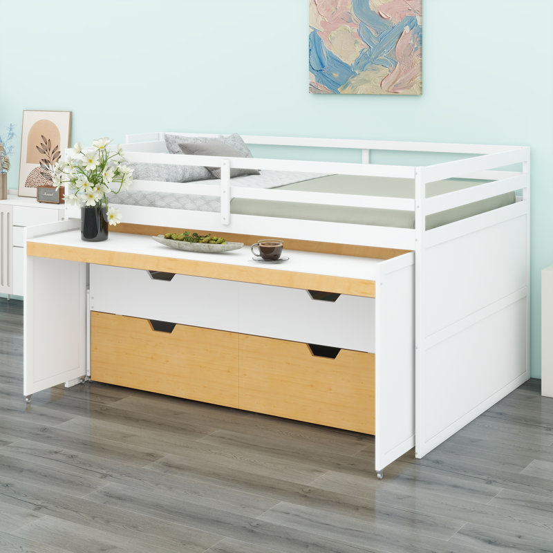 Lit mezzanine avec marches de rangement, bureau coulissant et lit gigogne pour jeux et poste de travail, Blanc + couleur bois