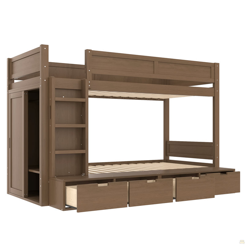 Lit superposé simple au-dessus de simple avec 4 tiroirs de rangement, lit superposé en bois massif avec garde-robe intégrée et garde-corps pleine longueur, aucun sommier nécessaire, brun