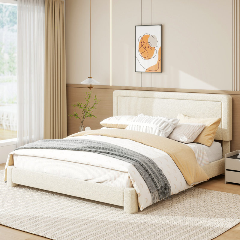 Cordoba Upholstered Platform Bed with Adjustable Headboard, Beige, Full / Double