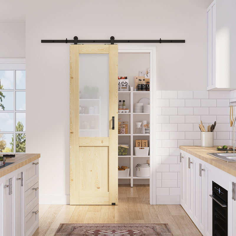 24 po x 80 po, demi-dalle de pin, surface brute avec toute la quincaillerie de porte de grange, 24 po x 80 po