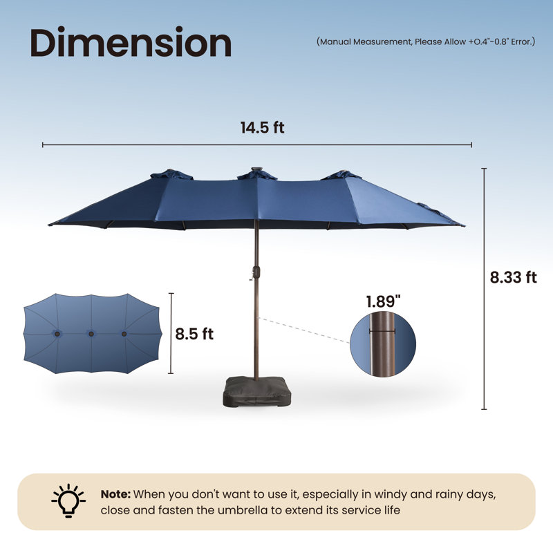 Parasol de marché extérieur lumineux à double face avec base Emanuell 14,5 pi x 8,3 pi avec base Emanuell, Bleu