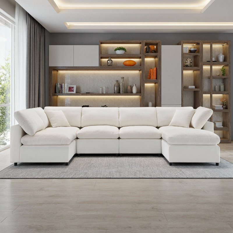 130" Cloud Modular Sofa Bed, 6-Seat U-Shaped Chenille Sectional with Ottoman, Free Combination Living Room Sleeper