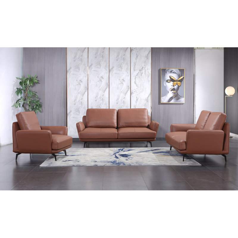 3 - Piece Living Room Set, Russet Brown Genuine Leather