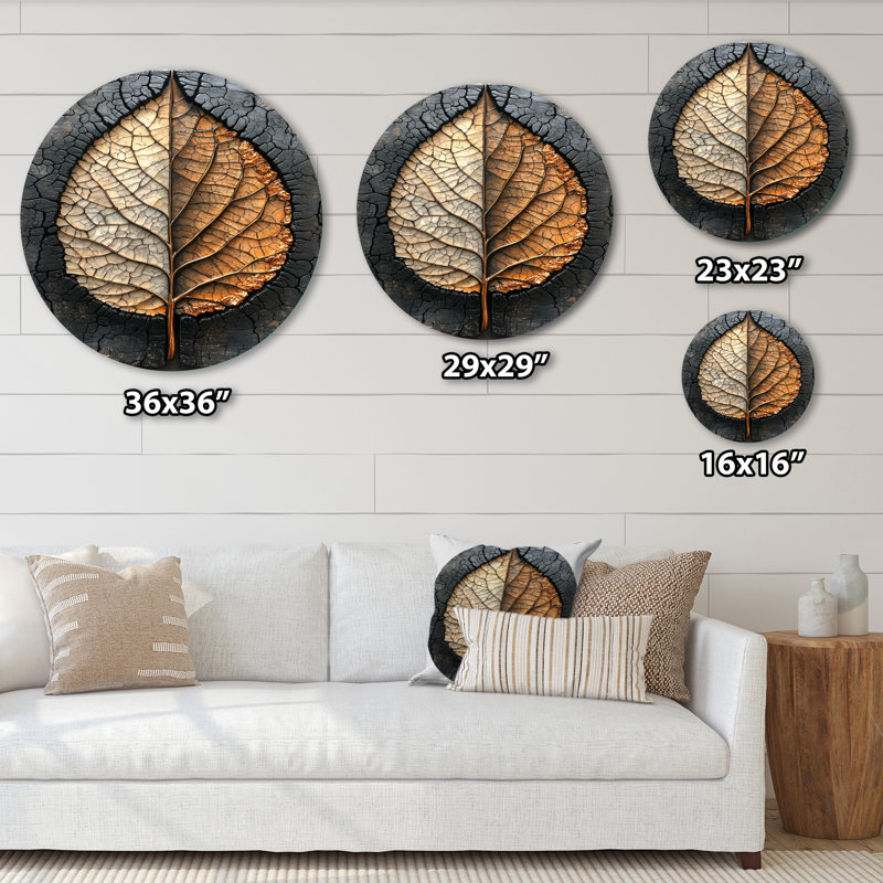 Modern Dark Leaves Symetry Of Winter I - Leaves Round Metal Wall Decor, 16" H x 16" W