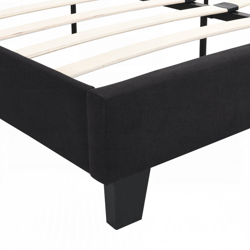 Structure de lit plateforme tapissier avec tête de lit capitonnée en tissu de lin sans sommier tapissier