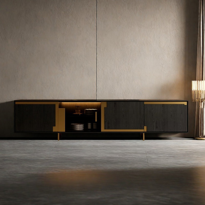 Meuble télé en bois massif de style italien, H 23,62 po x L 86,61 po x l 16,92 po, Noir