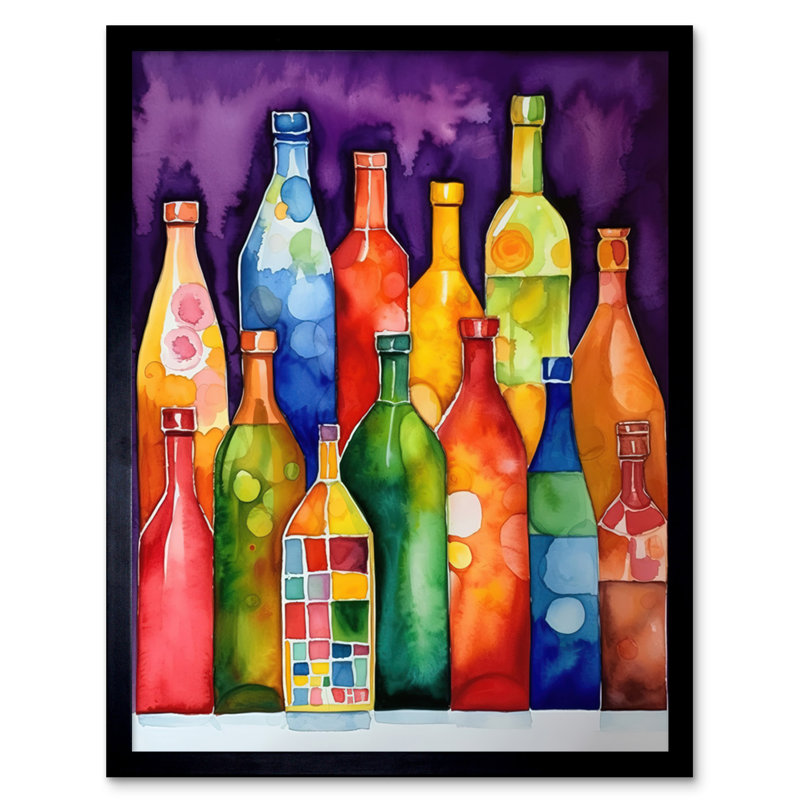Colourful Glass Mead Bottles Still Life Watercolour Painting Artwork Framed Wall Art Print 9X7 Inch