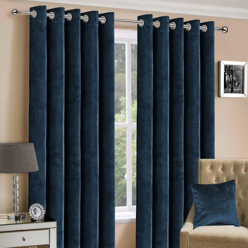 Hollange Crushed Velvet Eyelet Windows Panel Curtains, 168 W x 183 D cm, Navy