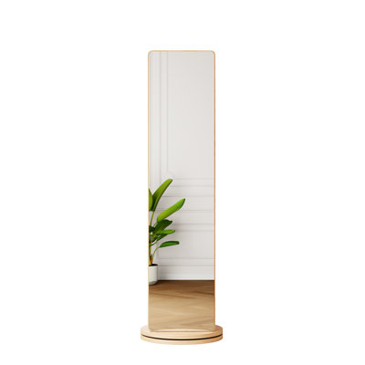 360° Rotating 66"X14" Multifunctional Full Length Mirror With Hook Storage Rack Coat Rack With Mirror Solid Wood Floor Mirror Bedroom Living Room Cloakroom Space Saving (Natural Wood)