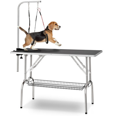 43.5" Foldable Dog Grooming Table with Adjustable Arm Double Loops and Storage Shelf Heavy-Duty Metal Frame Supports Up to 220 lbs